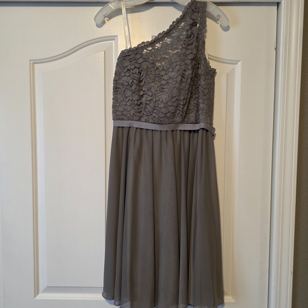 David's Bridal One-Shoulder Lace Dress in Gray